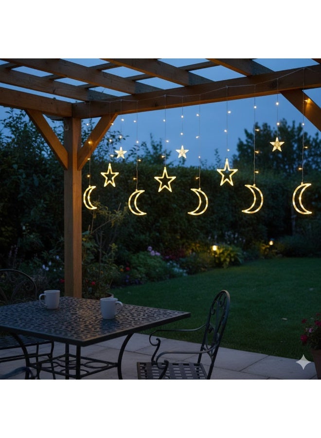 ستارة إضاءة ليد زينة رمضان والأعياد بتصميم نجوم وأهلة، إضاءة وورم وايت دافئة، عرض 3 متر، مناسبة للديكور الداخلي والخارجي وحفلات الزفاف - Image 2